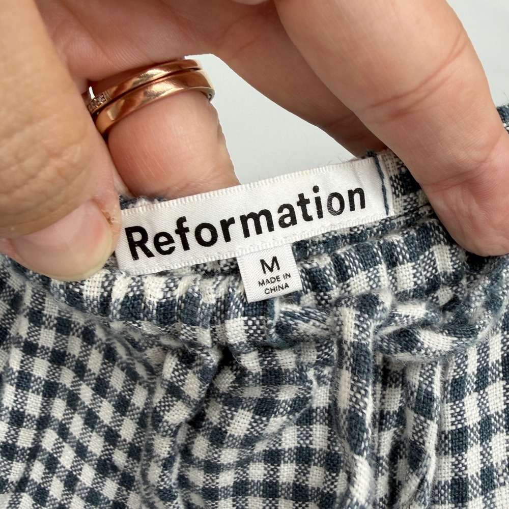 Reformation Olina Linen Pants Medium Blue White Gingham Wide Leg Drawstring - Picture 3 of 5